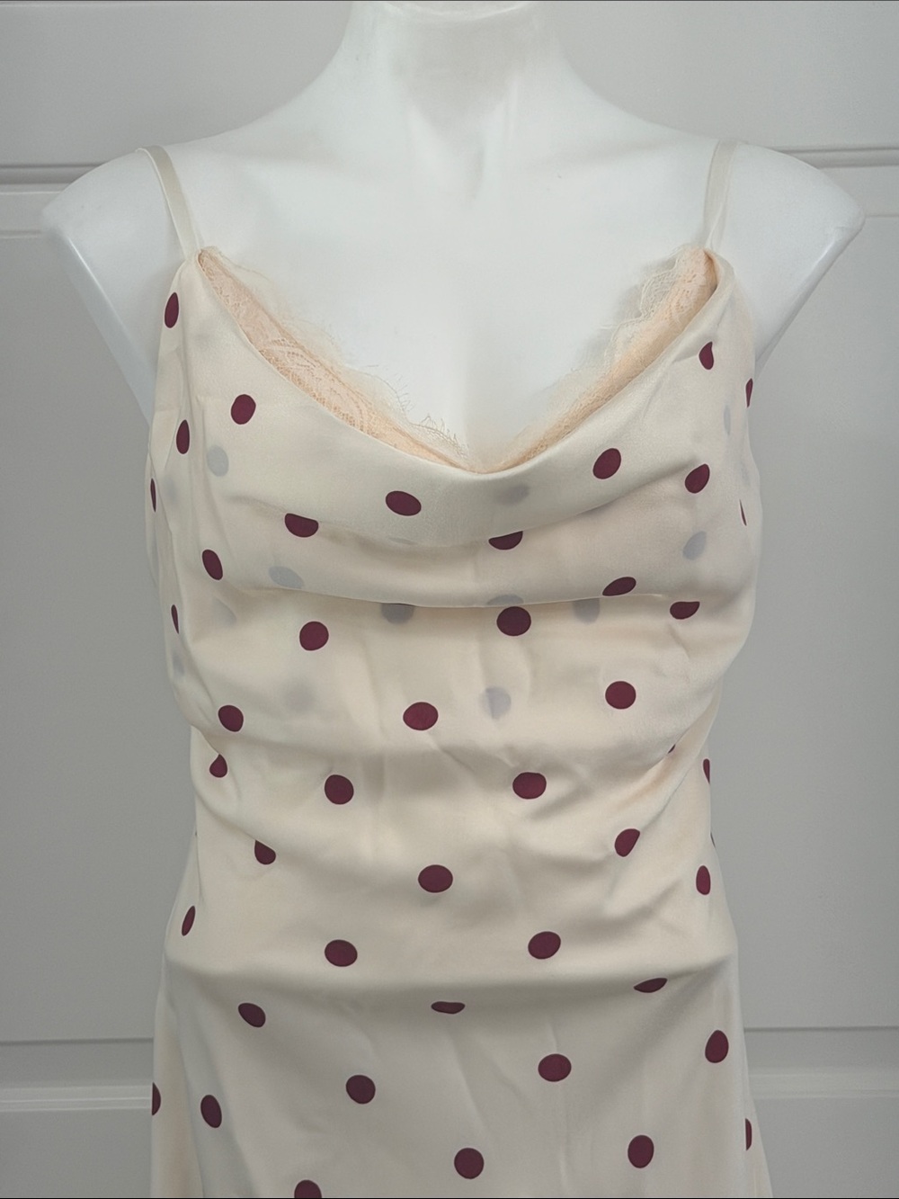 NWT Jessica Simpson Size XL Cream Slip Dress with Burgundy Polka Dots Lace Bra